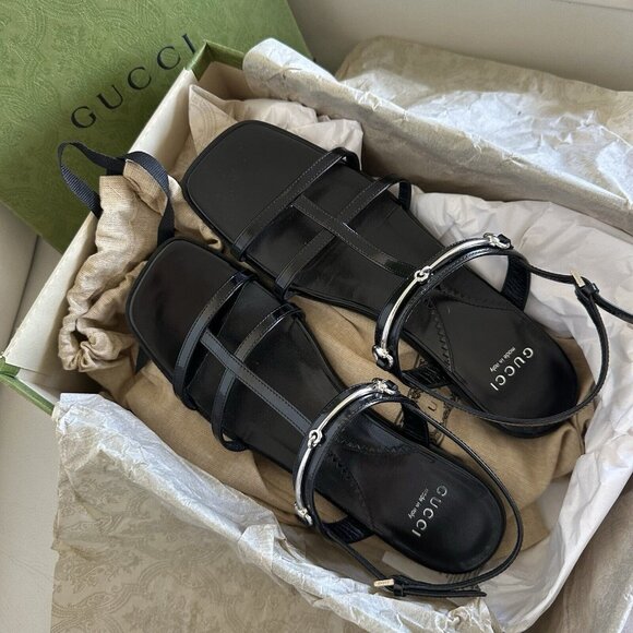 NEW GUCCI Divine Slim Horsebit Strappy Cage Sandals, Black, 38 EU / 8 US $890 - Picture 7 of 8